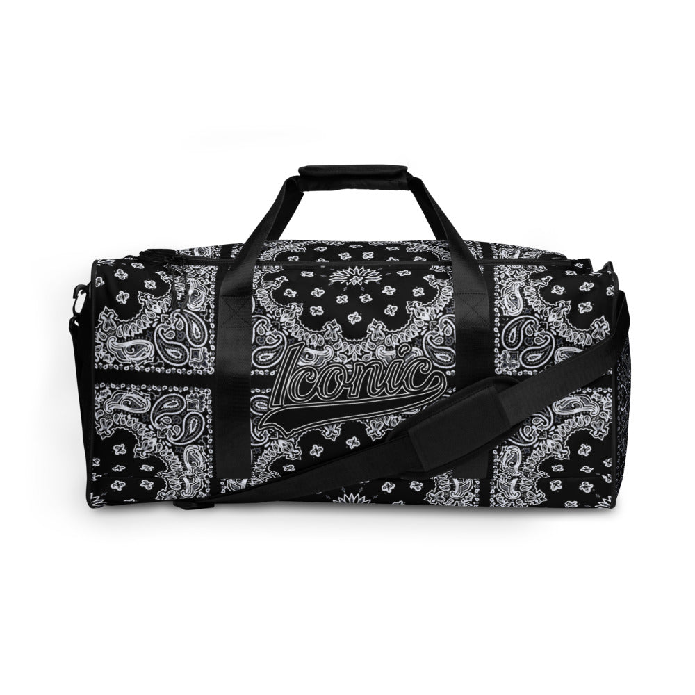 ROYAL ICONIC | Bandana Flag Duffle Bag Color Block Carousel Dope Azz DUFFEL Bag HueMan Gang Workout Gym Bag Solid Black and Logo