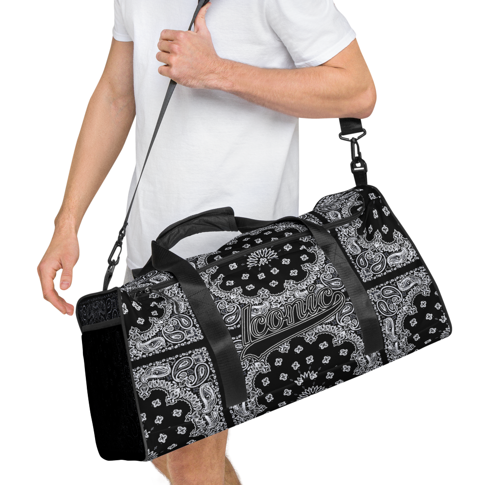 ROYAL ICONIC | Bandana Flag Duffle Bag Color Block Carousel Dope Azz DUFFEL Bag HueMan Gang Workout Gym Bag Solid Black and Logo