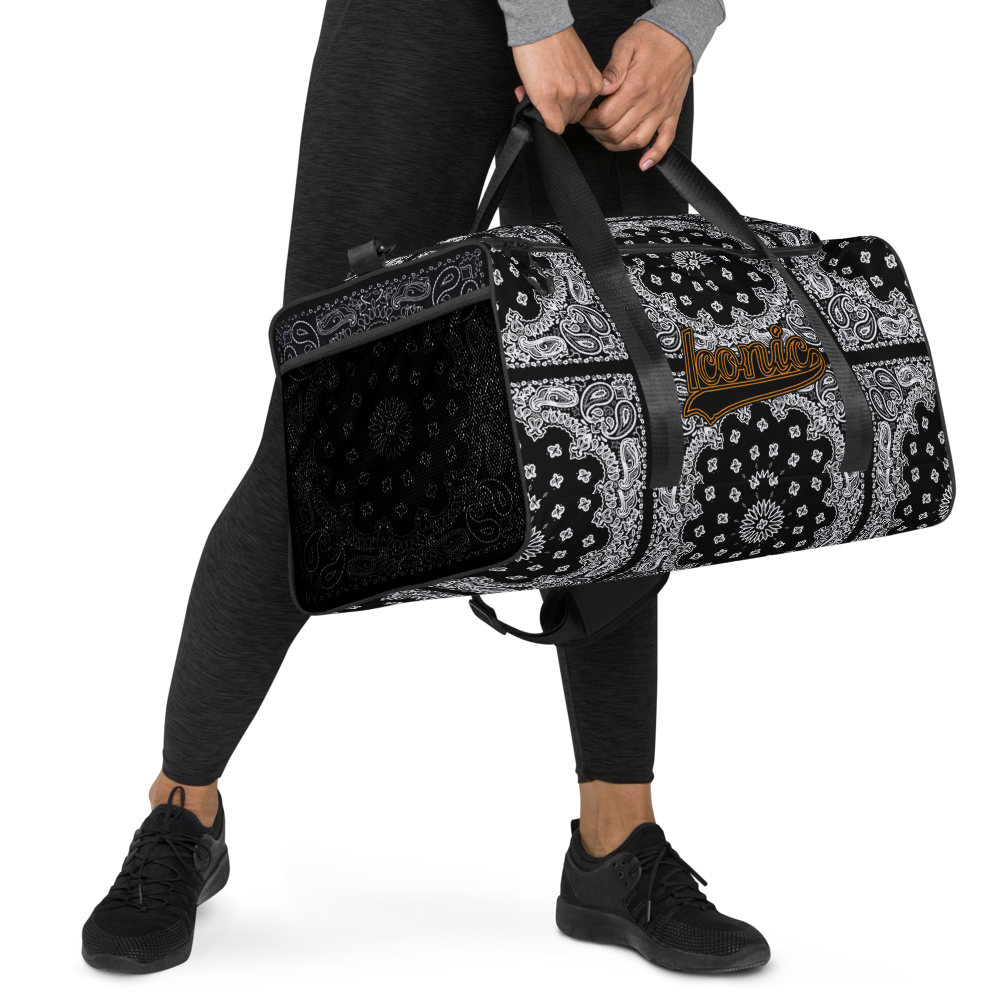 ROYAL ICONIC | Bandana Flag Duffle Bag Color Block Carousel Dope Azz DUFFEL Bag HueMan Gang Workout Gym Bag Solid Black and Logo