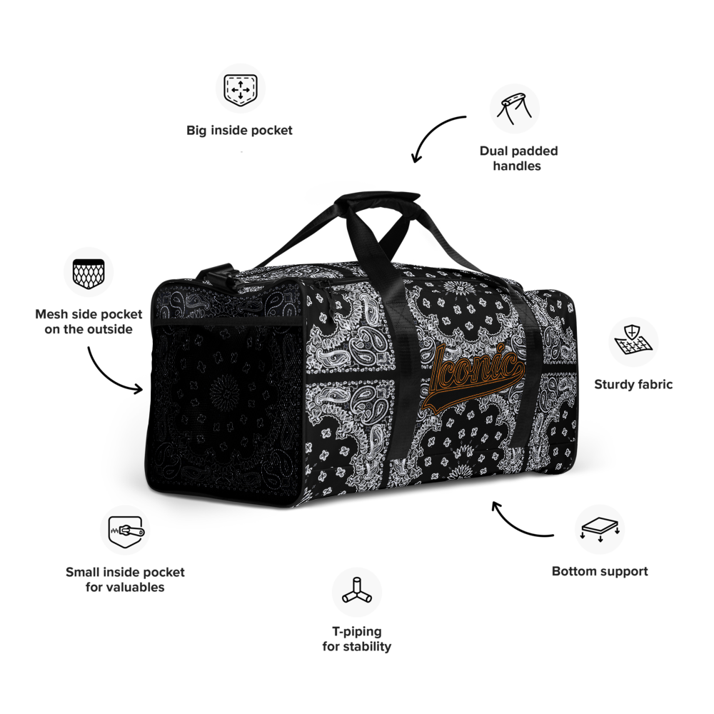 ROYAL ICONIC | Bandana Flag Duffle Bag Color Block Carousel Dope Azz DUFFEL Bag HueMan Gang Workout Gym Bag Solid Black and Logo