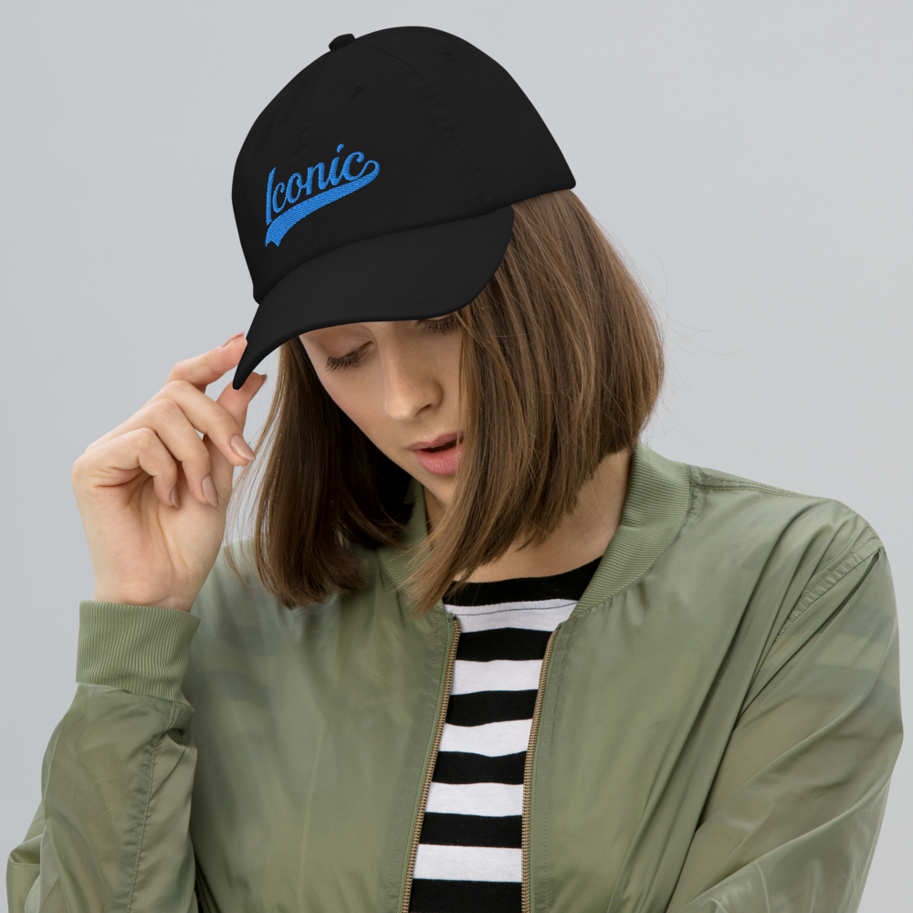 CHAMPION + ROYAL ICONIC. | Embroidered Logo Unisex Classic Cap Dad Hat Mom Cap Black w/ Teal Aqua Thread Retro Baseball Logo