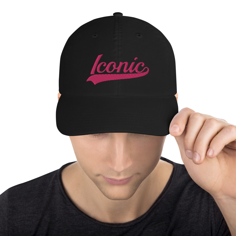 CHAMPION + ROYAL ICONIC. | Embroidered Logo Unisex Classic Cap Dad Hat Mom Cap Black w/ Pretty in Pink Thread Retro Baseball Logo