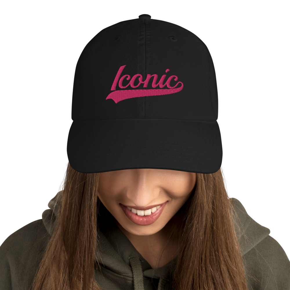 CHAMPION + ROYAL ICONIC. | Embroidered Logo Unisex Classic Cap Dad Hat Mom Cap Black w/ Pretty in Pink Thread Retro Baseball Logo