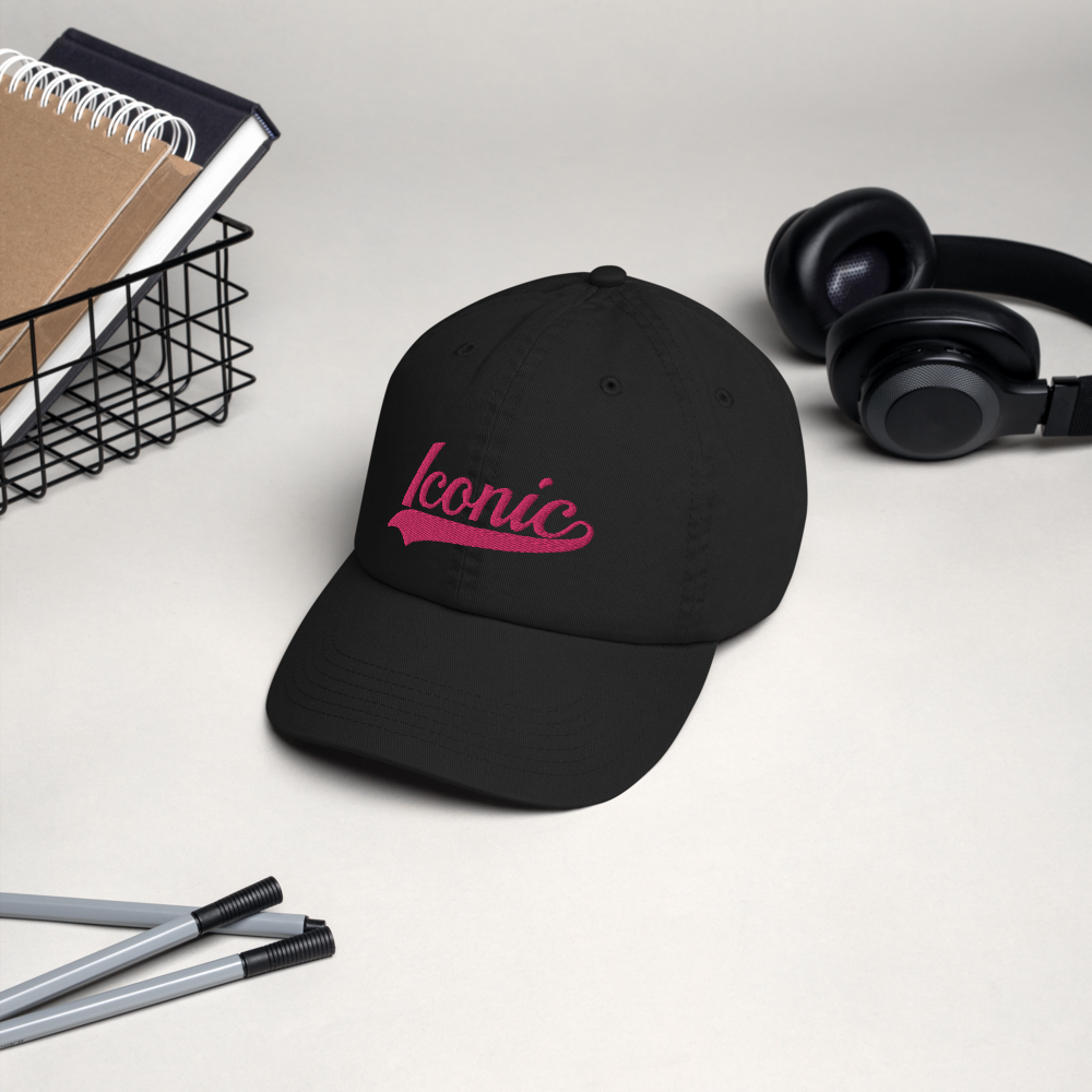 CHAMPION + ROYAL ICONIC. | Embroidered Logo Unisex Classic Cap Dad Hat Mom Cap Black w/ Pretty in Pink Thread Retro Baseball Logo