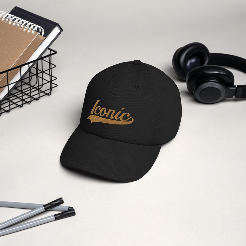 CHAMPION + ROYAL ICONIC. | Embroidered Logo Unisex Classic Cap Dad Hat Mom Cap Black w/ Ol' Gold Peanut Butter Thread Retro Baseball Logo