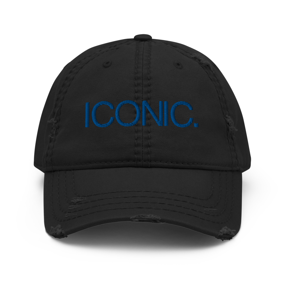 ROYAL ICONIC. | Embroidered Logo Unisex Distress Cap Dad Hat Mom Cap Black w/ Royal Blue Thread