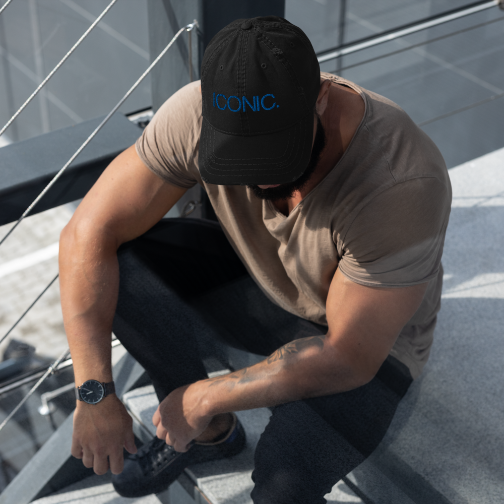 ROYAL ICONIC. | Embroidered Logo Unisex Distress Cap Dad Hat Mom Cap Black w/ Royal Blue Thread