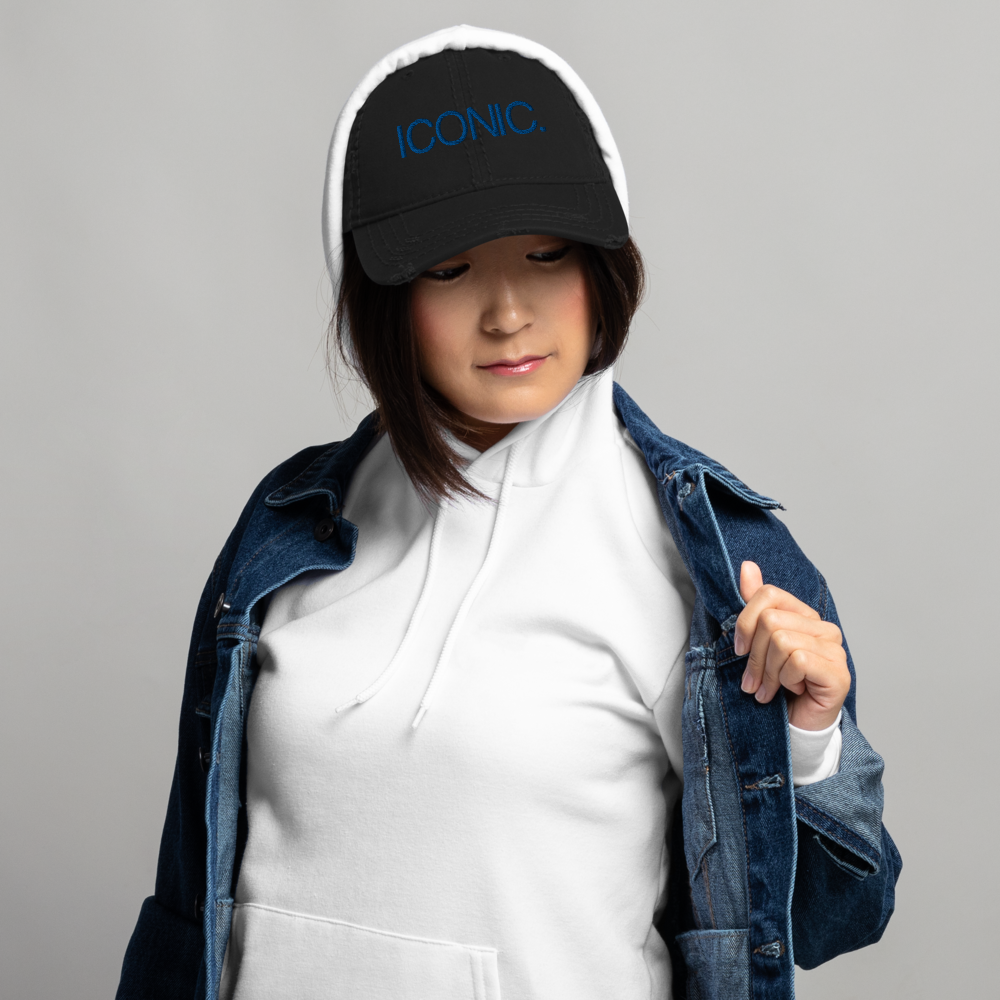 ROYAL ICONIC. | Embroidered Logo Unisex Distress Cap Dad Hat Mom Cap Black w/ Royal Blue Thread