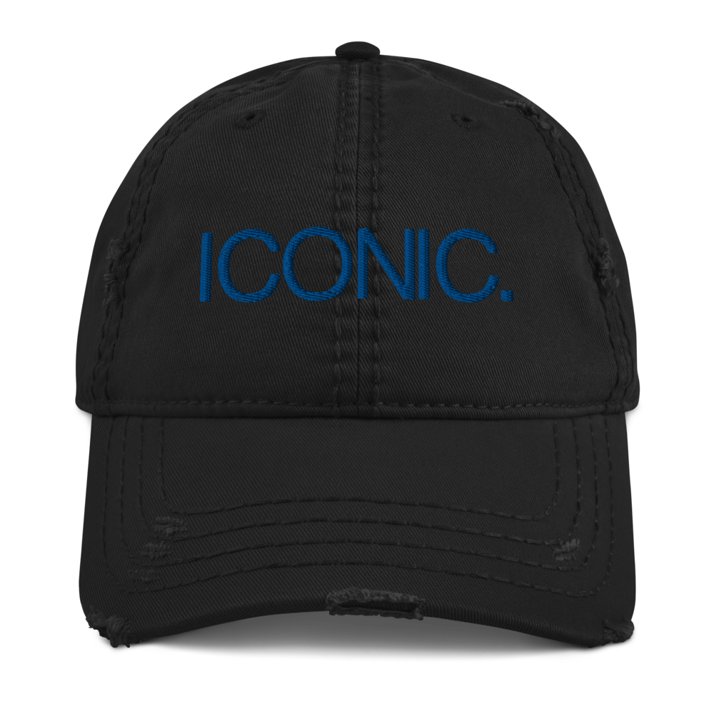 ROYAL ICONIC. | Embroidered Logo Unisex Distress Cap Dad Hat Mom Cap Black w/ Royal Blue Thread