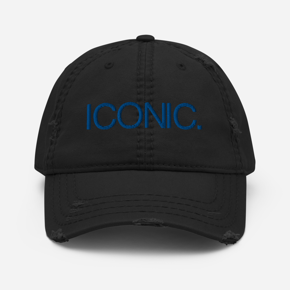 ROYAL ICONIC. | Embroidered Logo Unisex Distress Cap Dad Hat Mom Cap Black w/ Royal Blue Thread