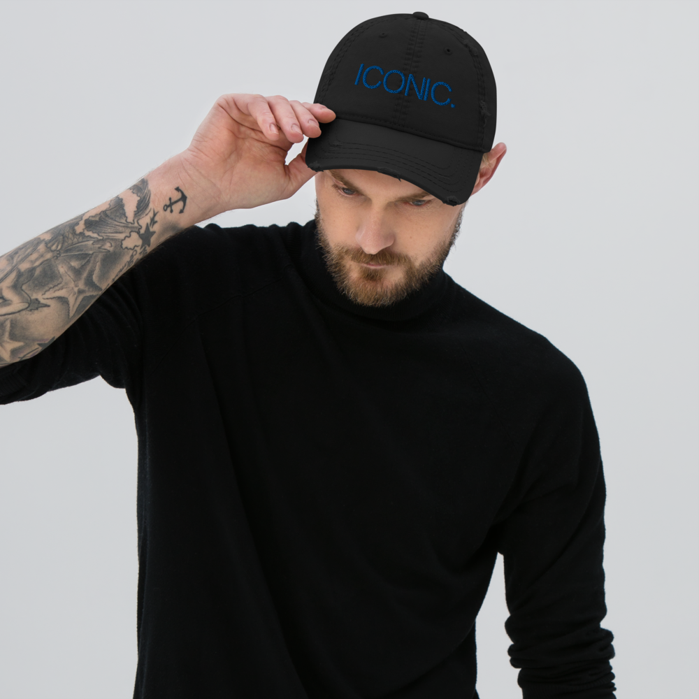 ROYAL ICONIC. | Embroidered Logo Unisex Distress Cap Dad Hat Mom Cap Black w/ Royal Blue Thread