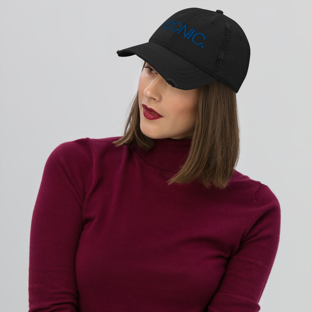 ROYAL ICONIC. | Embroidered Logo Unisex Distress Cap Dad Hat Mom Cap Black w/ Royal Blue Thread