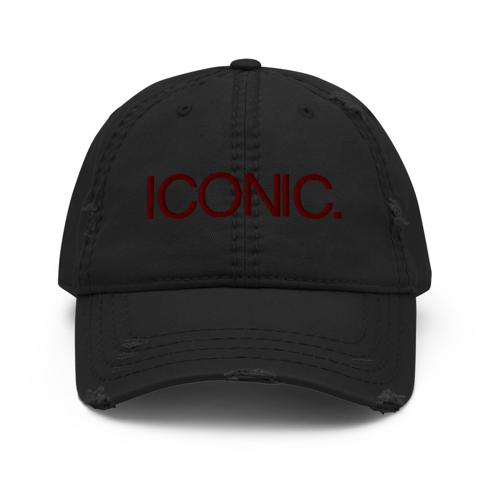 ROYAL ICONIC. | Embroidered Logo Unisex Distress Cap Dad Hat Mom Cap Black w/ Wine Maroon Thread