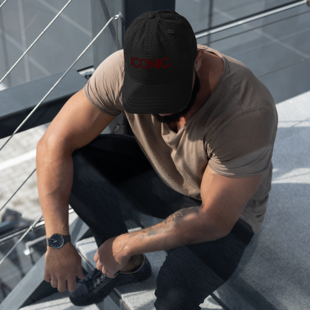 ROYAL ICONIC. | Embroidered Logo Unisex Distress Cap Dad Hat Mom Cap Black w/ Wine Maroon Thread