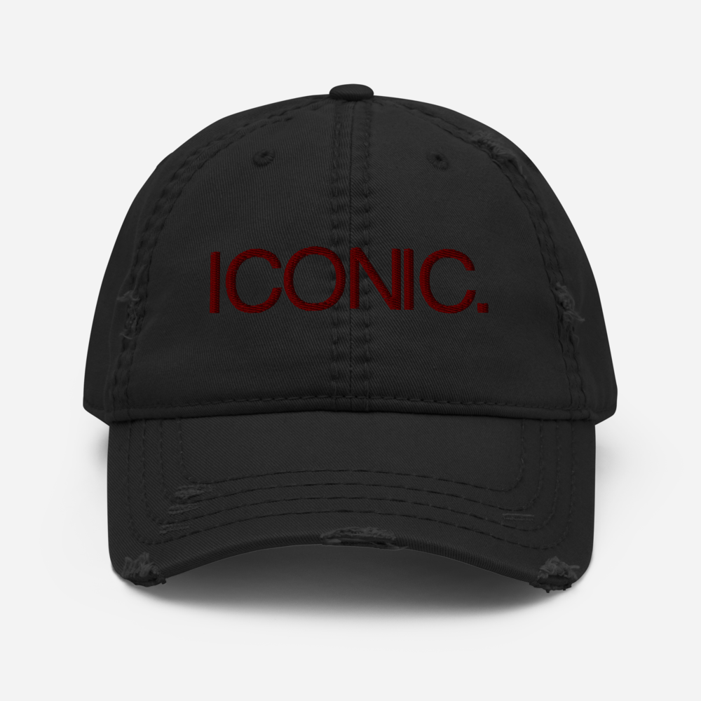 ROYAL ICONIC. | Embroidered Logo Unisex Distress Cap Dad Hat Mom Cap Black w/ Wine Maroon Thread