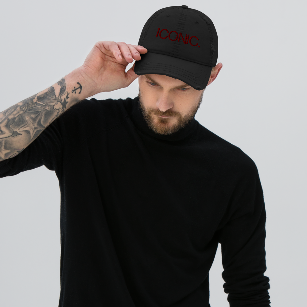 ROYAL ICONIC. | Embroidered Logo Unisex Distress Cap Dad Hat Mom Cap Black w/ Wine Maroon Thread
