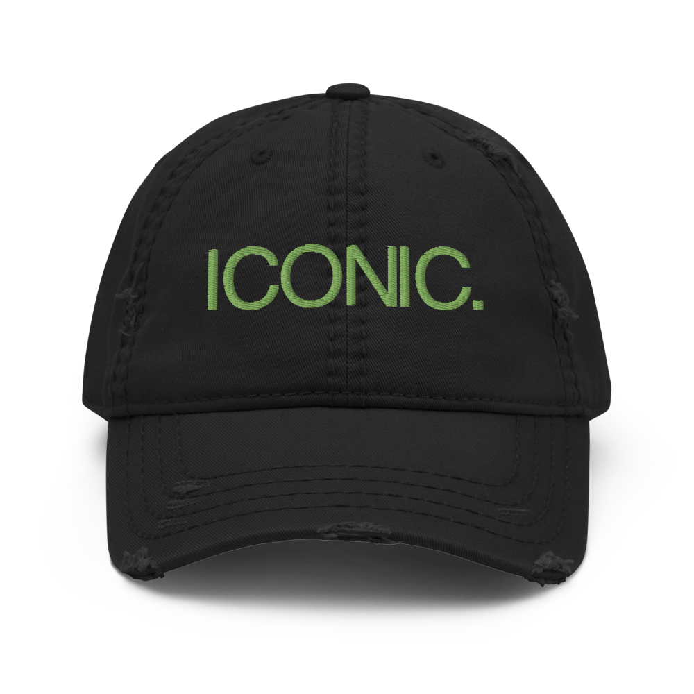 ROYAL ICONIC. | Embroidered Logo Unisex Distress Cap Dad Hat Mom Cap Black w/ Kiwi Green Thread