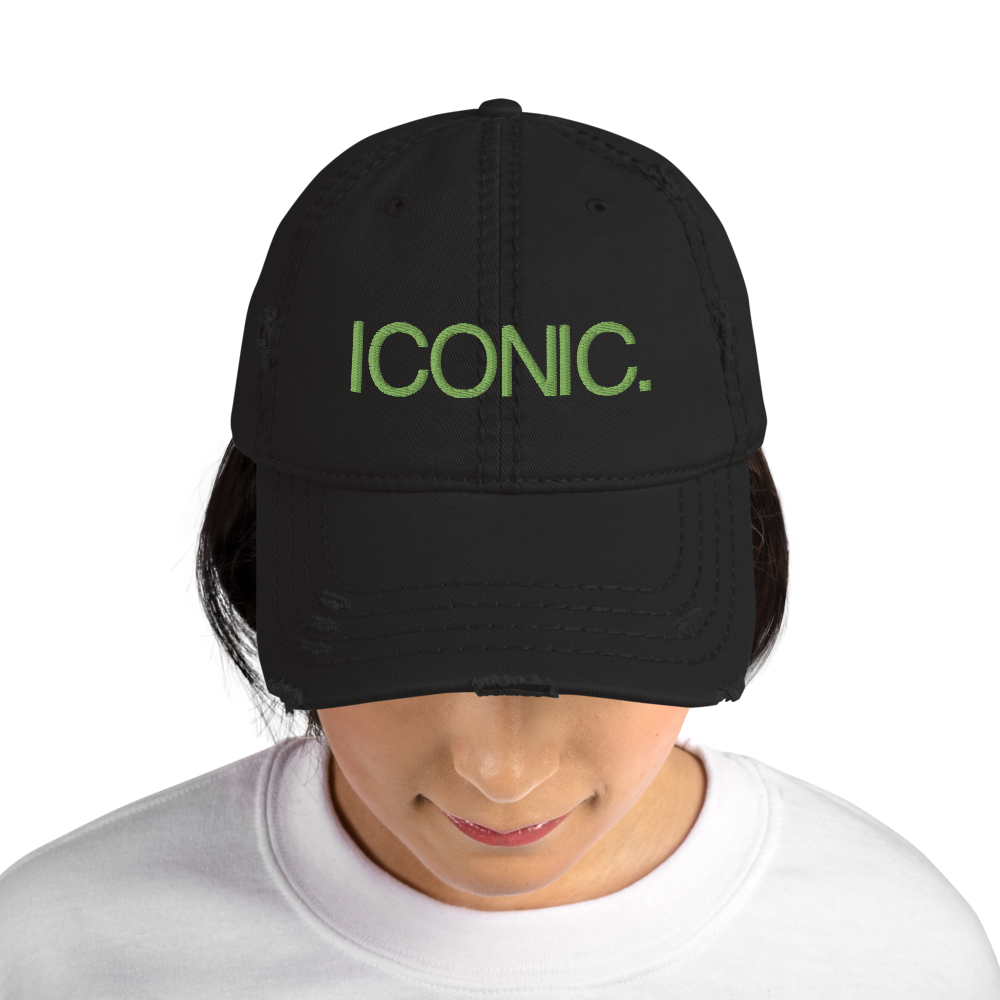ROYAL ICONIC. | Embroidered Logo Unisex Distress Cap Dad Hat Mom Cap Black w/ Kiwi Green Thread
