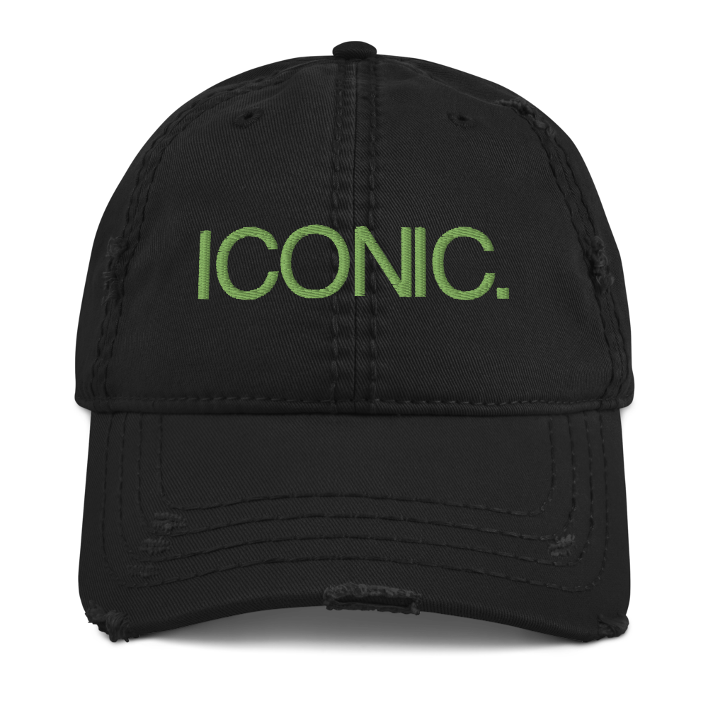 ROYAL ICONIC. | Embroidered Logo Unisex Distress Cap Dad Hat Mom Cap Black w/ Kiwi Green Thread