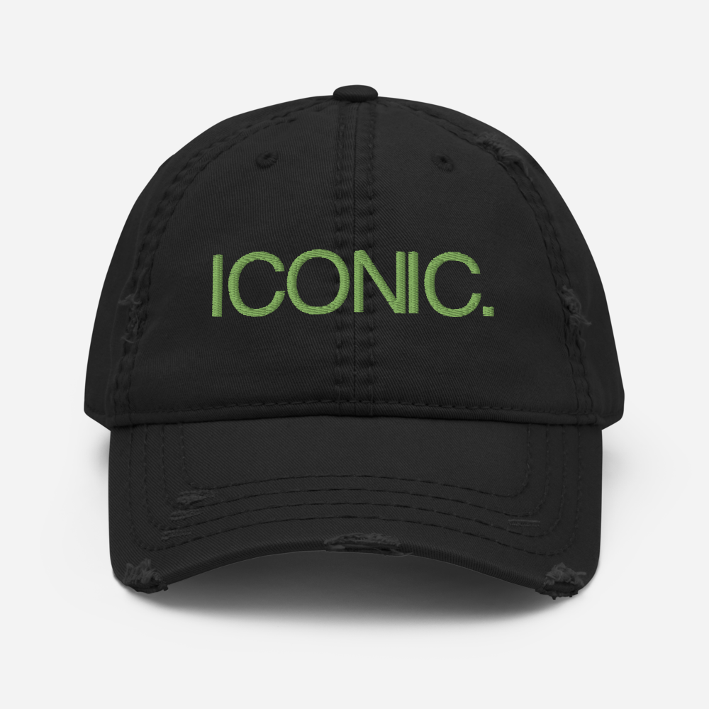 ROYAL ICONIC. | Embroidered Logo Unisex Distress Cap Dad Hat Mom Cap Black w/ Kiwi Green Thread
