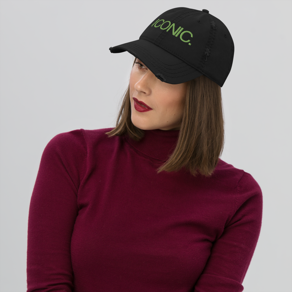 ROYAL ICONIC. | Embroidered Logo Unisex Distress Cap Dad Hat Mom Cap Black w/ Kiwi Green Thread