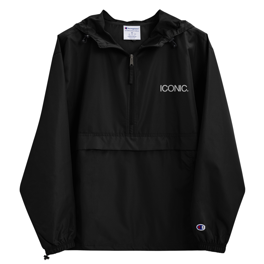 CHAMPION + ROYAL ICONIC. | Embroidered Logo Unisex Hooded Packable Windbreaker Coaches Jacket Black White Logo