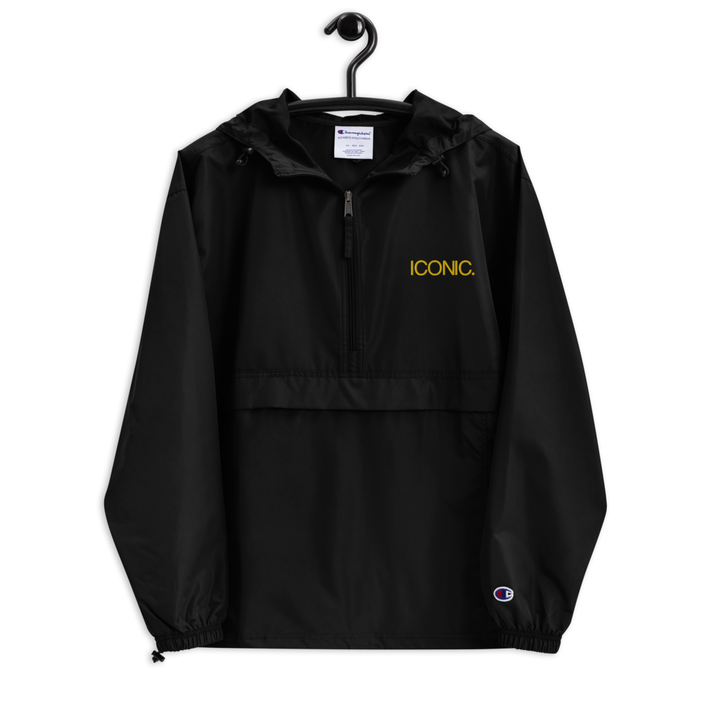 CHAMPION + ROYAL ICONIC. | Embroidered Logo Unisex Hooded Packable Windbreaker Lite Coaches Jacket Black w/ Gold Logo