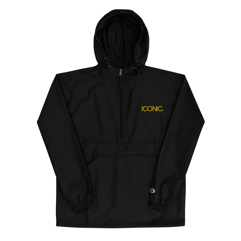 CHAMPION + ROYAL ICONIC. | Embroidered Logo Unisex Hooded Packable Windbreaker Lite Coaches Jacket Black w/ Gold Logo
