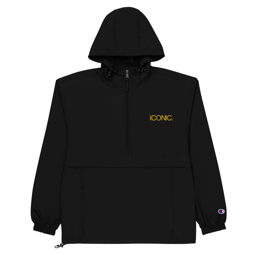 CHAMPION + ROYAL ICONIC. | Embroidered Logo Unisex Hooded Packable Windbreaker Lite Coaches Jacket Black w/ Gold Logo