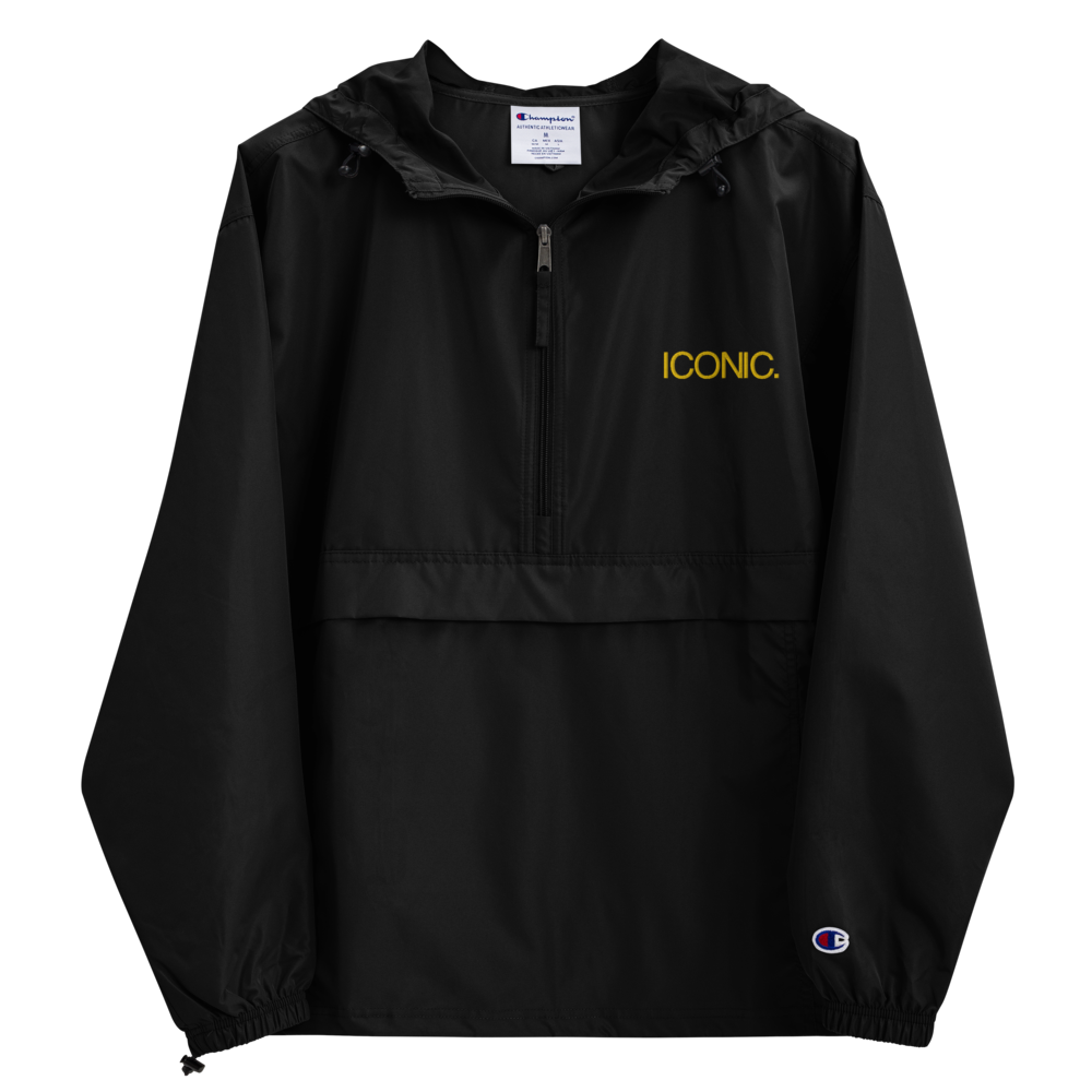 CHAMPION + ROYAL ICONIC. | Embroidered Logo Unisex Hooded Packable Windbreaker Lite Coaches Jacket Black w/ Gold Logo