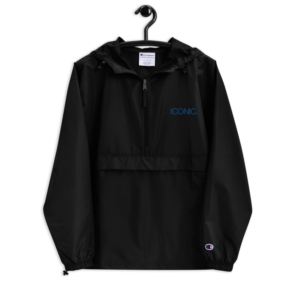 CHAMPION + ROYAL ICONIC. | Embroidered Logo Unisex Hooded Packable Windbreaker Lite Coaches Jacket Black w/ Royal Blue Logo