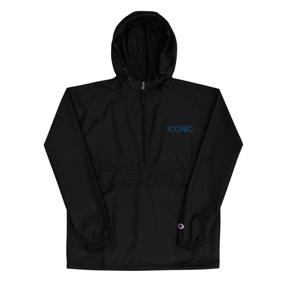 CHAMPION + ROYAL ICONIC. | Embroidered Logo Unisex Hooded Packable Windbreaker Lite Coaches Jacket Black w/ Royal Blue Logo