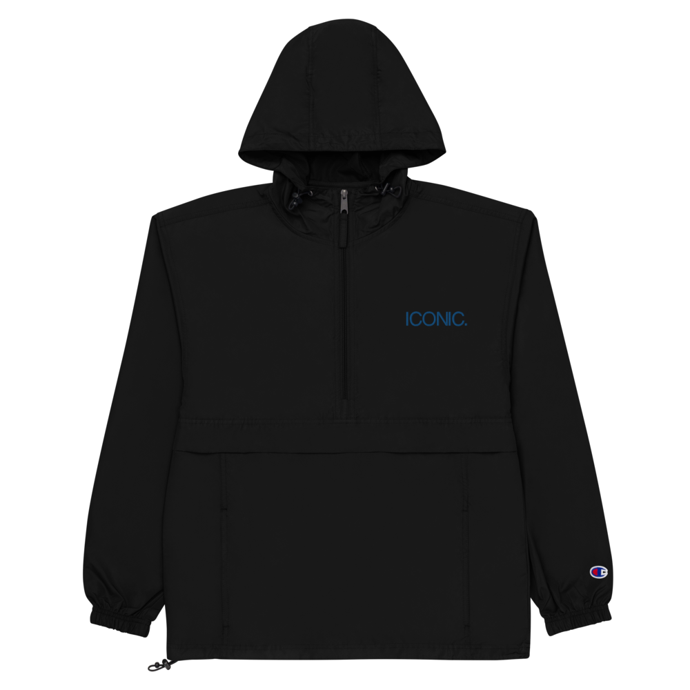 CHAMPION + ROYAL ICONIC. | Embroidered Logo Unisex Hooded Packable Windbreaker Lite Coaches Jacket Black w/ Royal Blue Logo