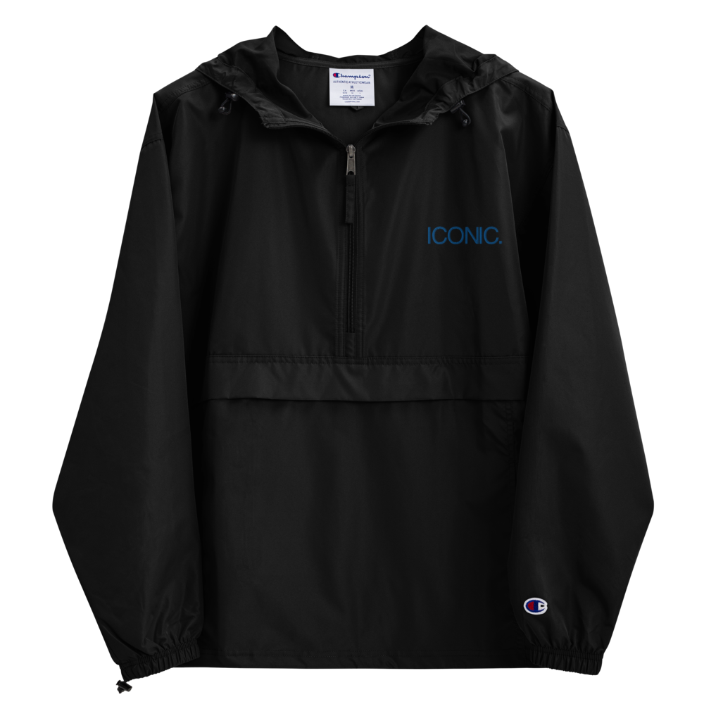 CHAMPION + ROYAL ICONIC. | Embroidered Logo Unisex Hooded Packable Windbreaker Lite Coaches Jacket Black w/ Royal Blue Logo