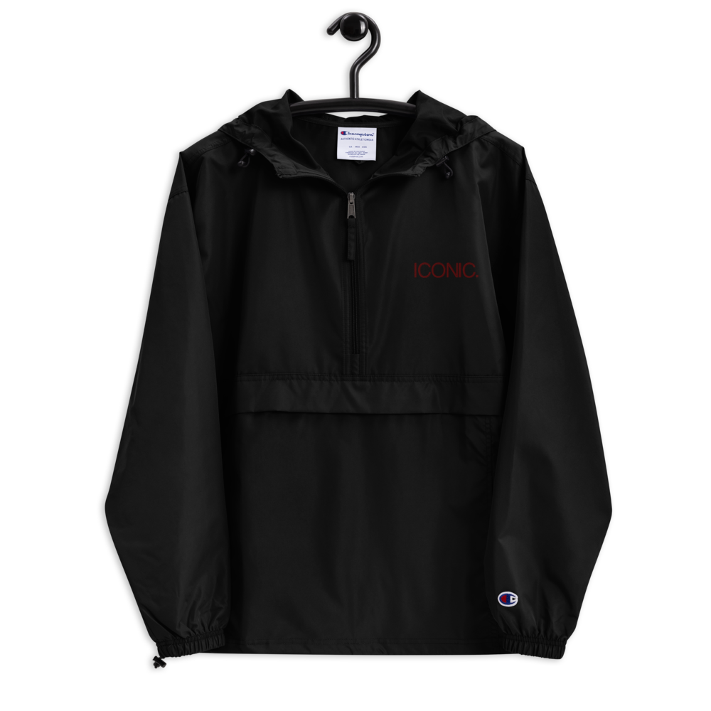 CHAMPION + ROYAL ICONIC. | Embroidered Logo Unisex Hooded Packable Windbreaker Lite Coaches Jacket Black w/ Wine Maroon Logo