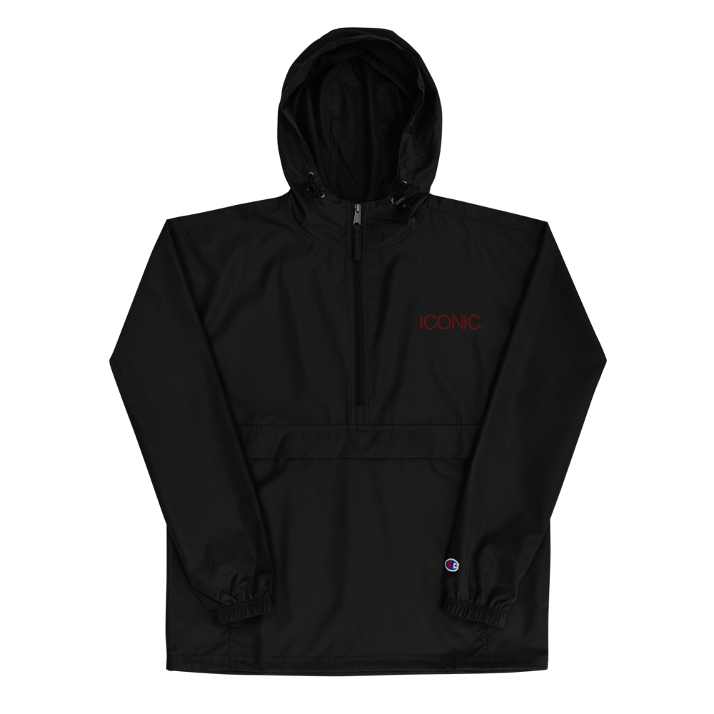 CHAMPION + ROYAL ICONIC. | Embroidered Logo Unisex Hooded Packable Windbreaker Lite Coaches Jacket Black w/ Wine Maroon Logo