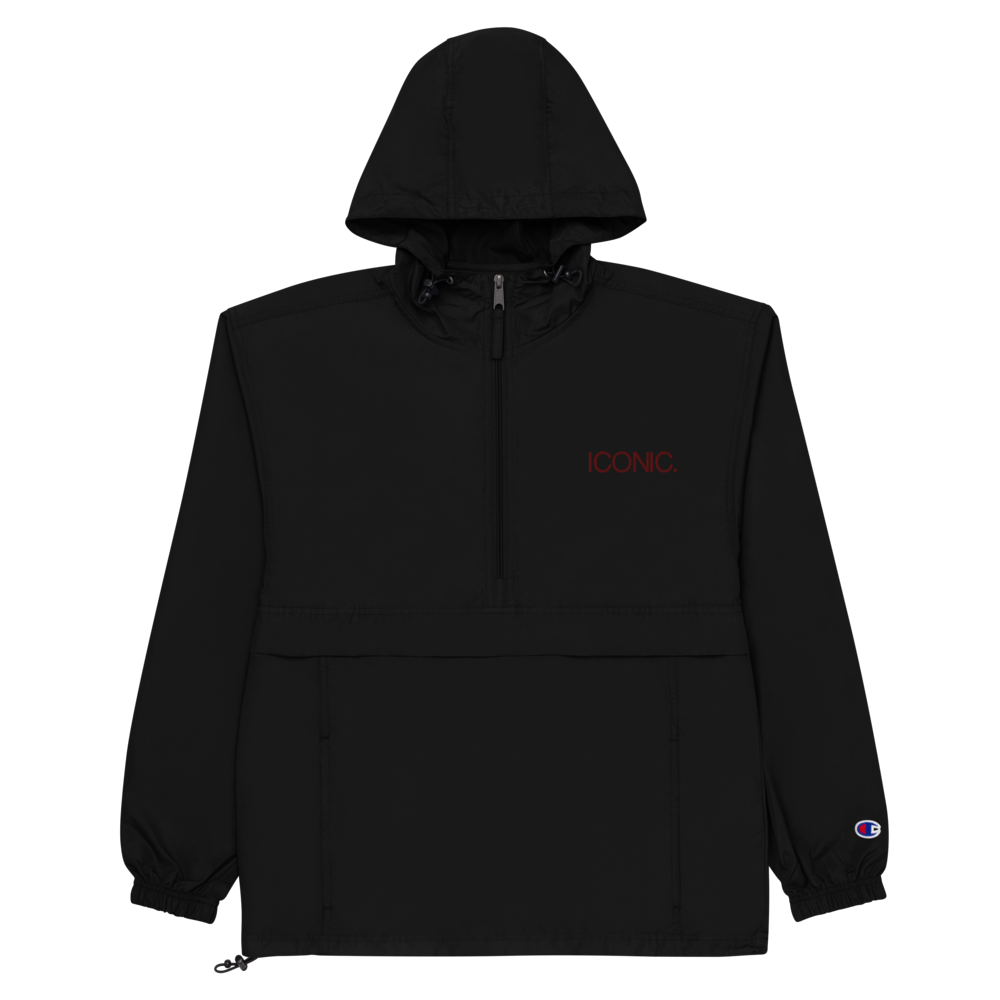 CHAMPION + ROYAL ICONIC. | Embroidered Logo Unisex Hooded Packable Windbreaker Lite Coaches Jacket Black w/ Wine Maroon Logo