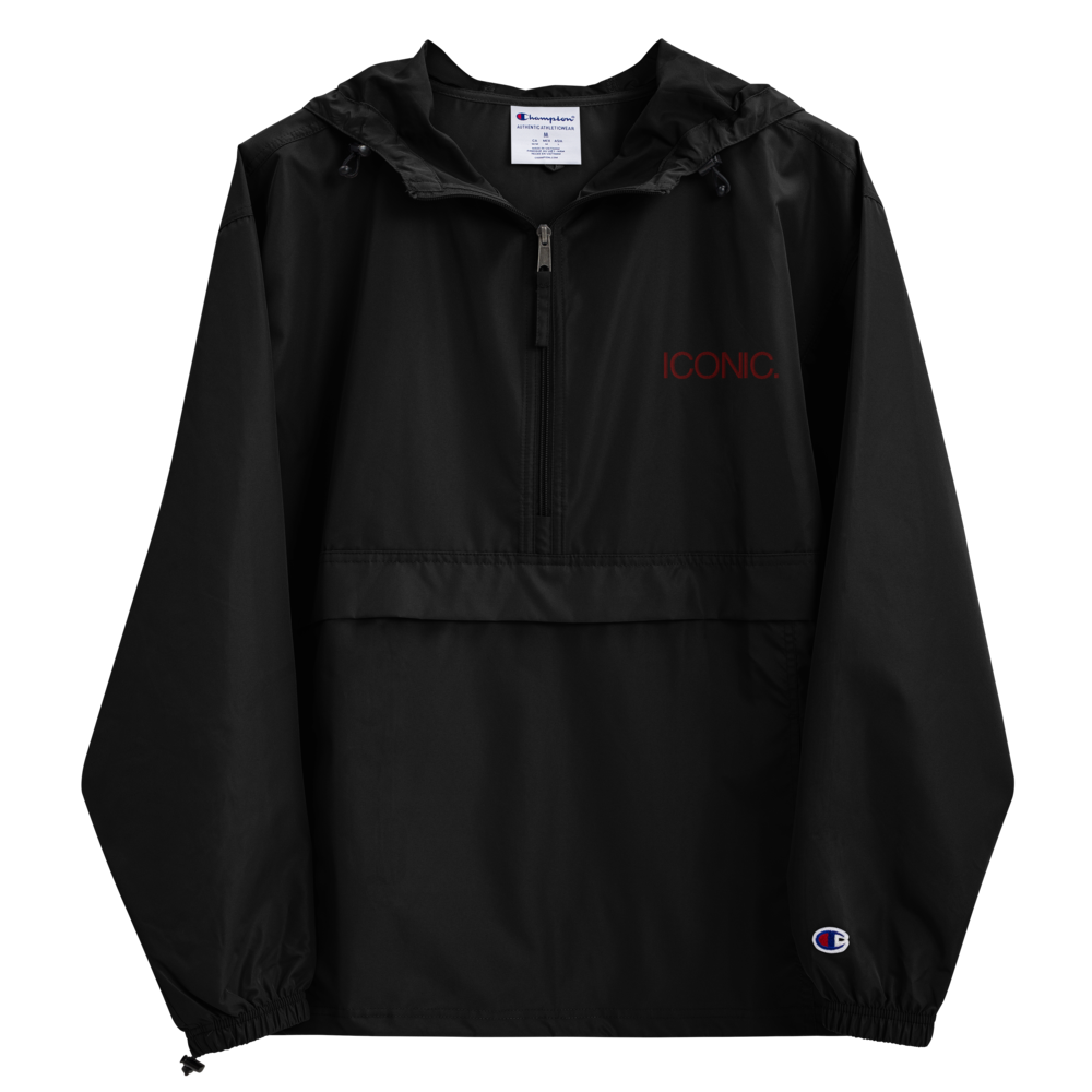 CHAMPION + ROYAL ICONIC. | Embroidered Logo Unisex Hooded Packable Windbreaker Lite Coaches Jacket Black w/ Wine Maroon Logo
