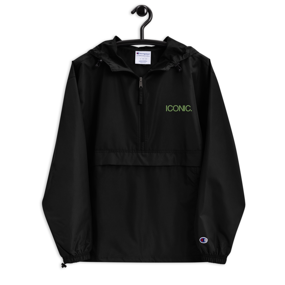 CHAMPION + ROYAL ICONIC. | Embroidered Logo Unisex Hooded Packable Windbreaker Lite Coaches Jacket Black w/ Kiwi Green Logo