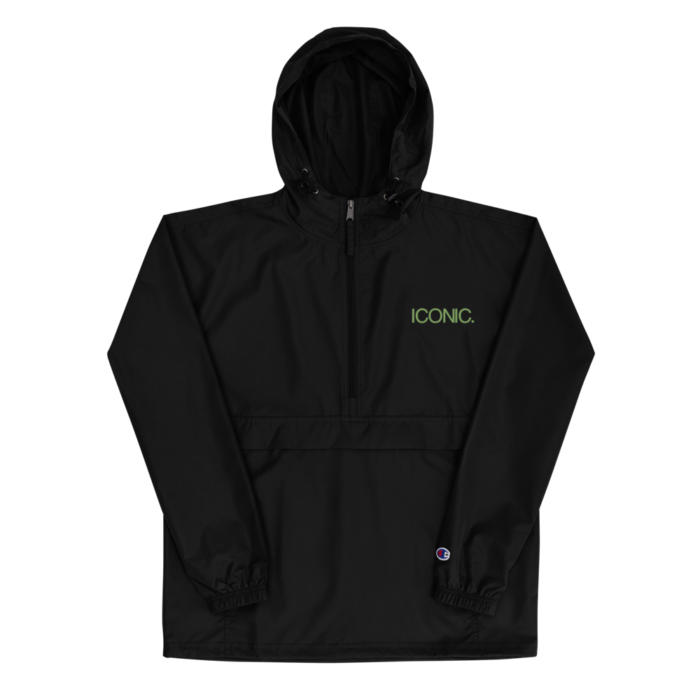 CHAMPION + ROYAL ICONIC. | Embroidered Logo Unisex Hooded Packable Windbreaker Lite Coaches Jacket Black w/ Kiwi Green Logo