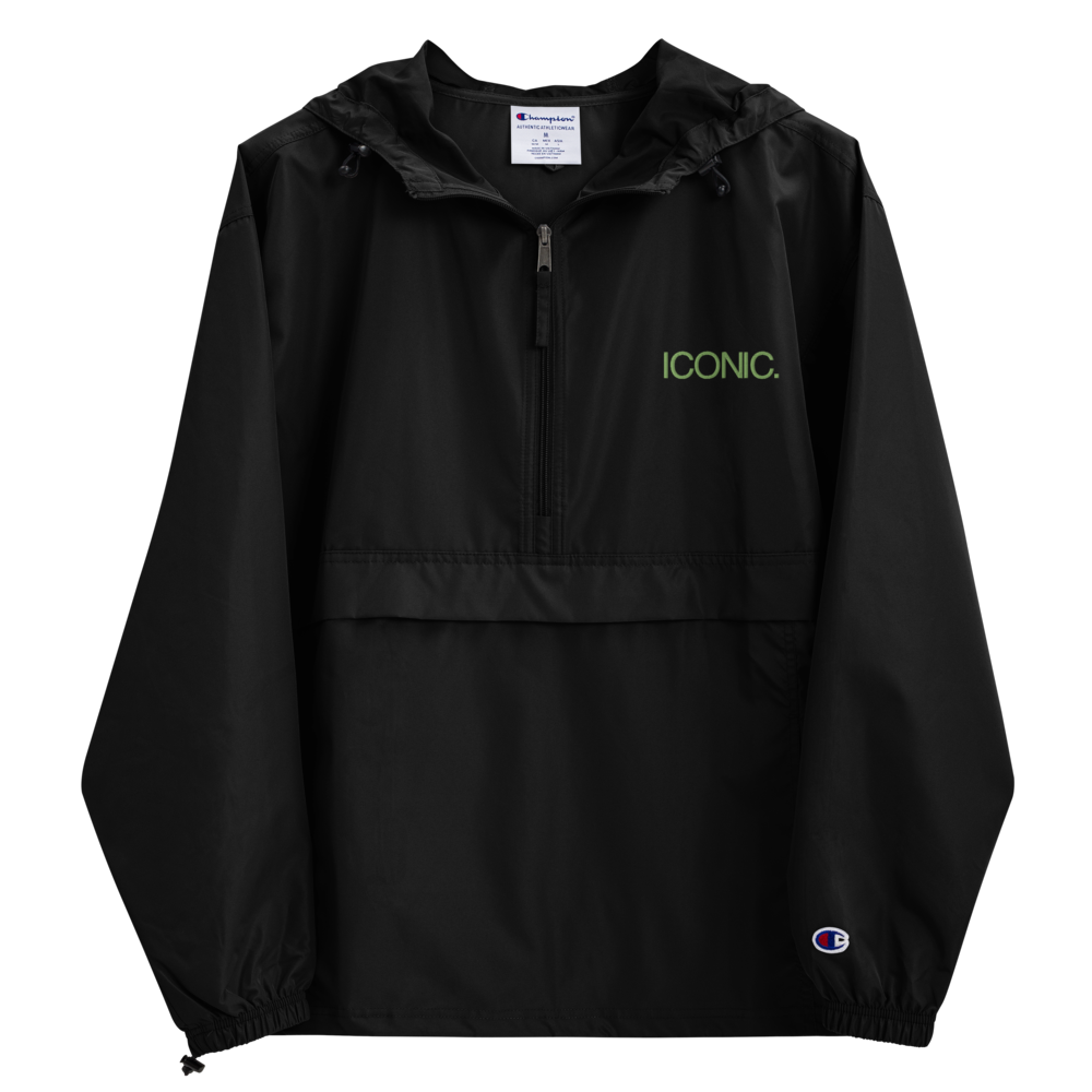 CHAMPION + ROYAL ICONIC. | Embroidered Logo Unisex Hooded Packable Windbreaker Lite Coaches Jacket Black w/ Kiwi Green Logo