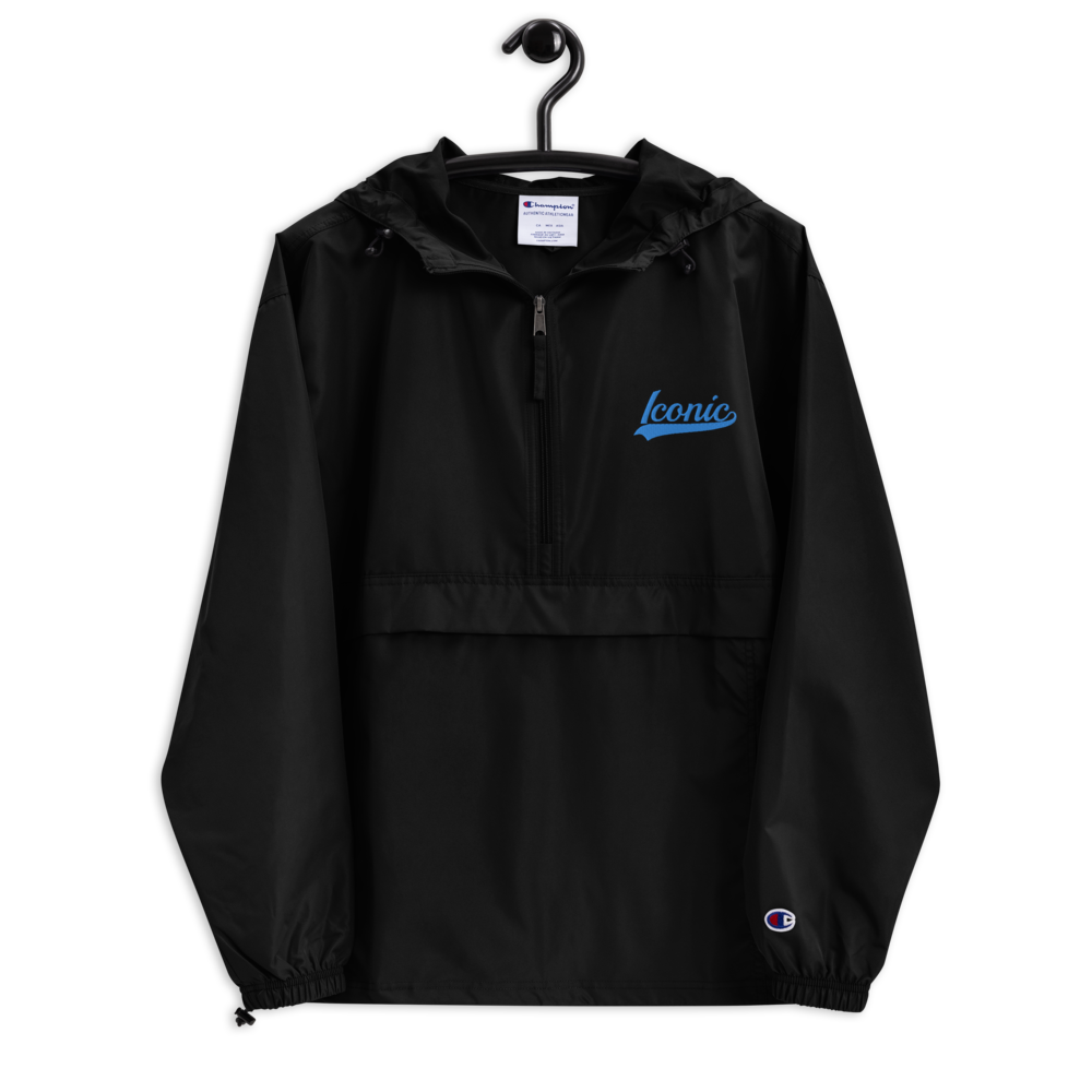 CHAMPION + ROYAL ICONIC. | Embroidered Logo Unisex Hooded Packable Windbreaker Lite Coaches Jacket Black w/ Teal Aqua Retro Baseball Logo