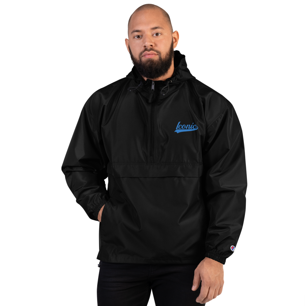 CHAMPION + ROYAL ICONIC. | Embroidered Logo Unisex Hooded Packable Windbreaker Lite Coaches Jacket Black w/ Teal Aqua Retro Baseball Logo