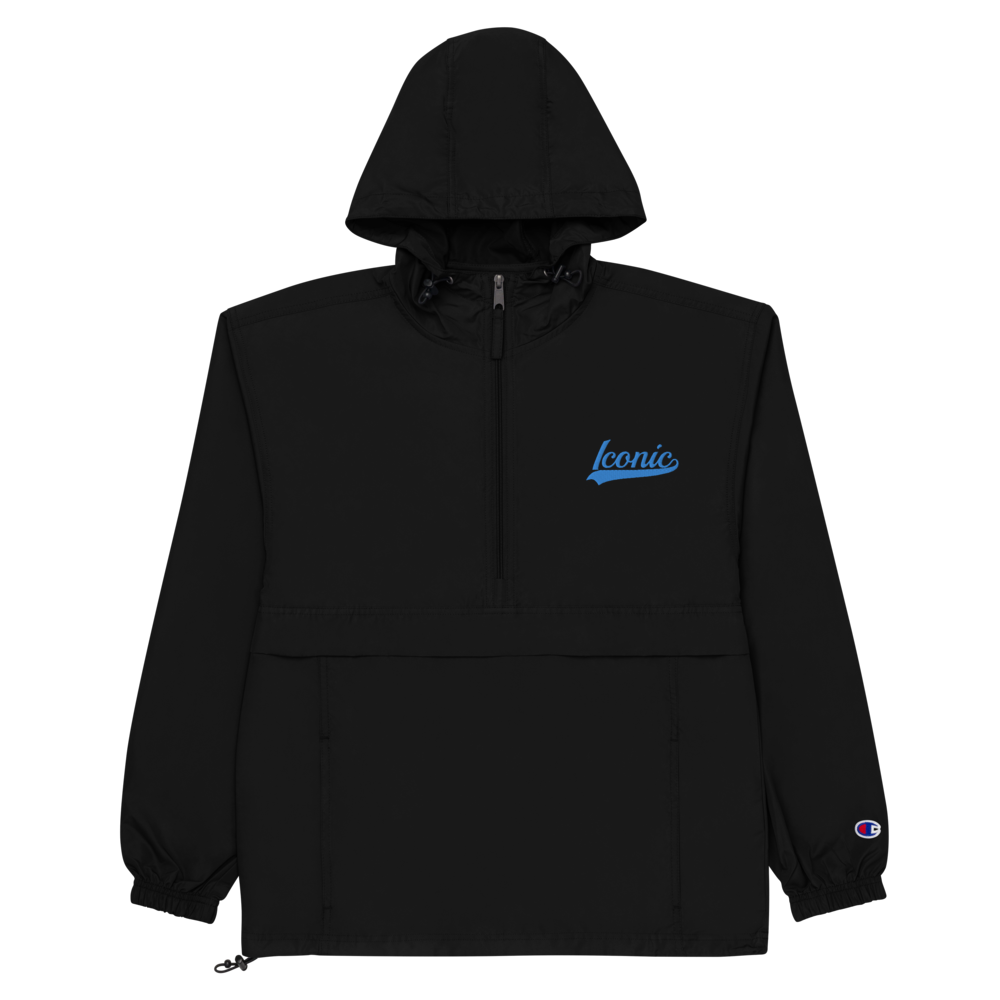 CHAMPION + ROYAL ICONIC. | Embroidered Logo Unisex Hooded Packable Windbreaker Lite Coaches Jacket Black w/ Teal Aqua Retro Baseball Logo