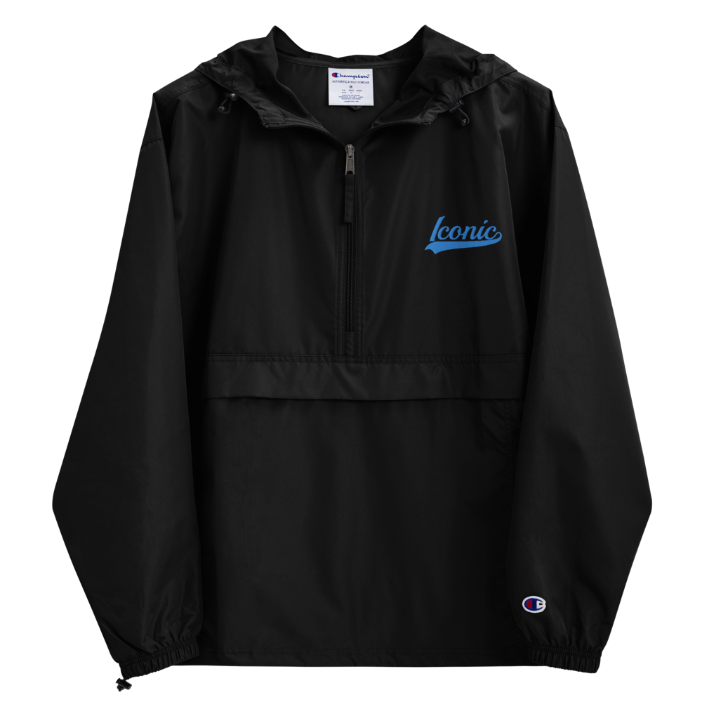 CHAMPION + ROYAL ICONIC. | Embroidered Logo Unisex Hooded Packable Windbreaker Lite Coaches Jacket Black w/ Teal Aqua Retro Baseball Logo