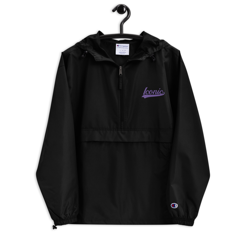 CHAMPION + ROYAL ICONIC. | Embroidered Logo Unisex Hooded Packable Windbreaker Lite Coaches Jacket Black w/ Purple Hendrixx Baseball Logo