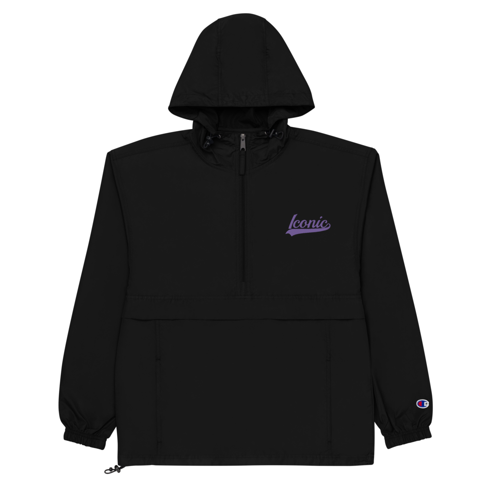 CHAMPION + ROYAL ICONIC. | Embroidered Logo Unisex Hooded Packable Windbreaker Lite Coaches Jacket Black w/ Purple Hendrixx Baseball Logo