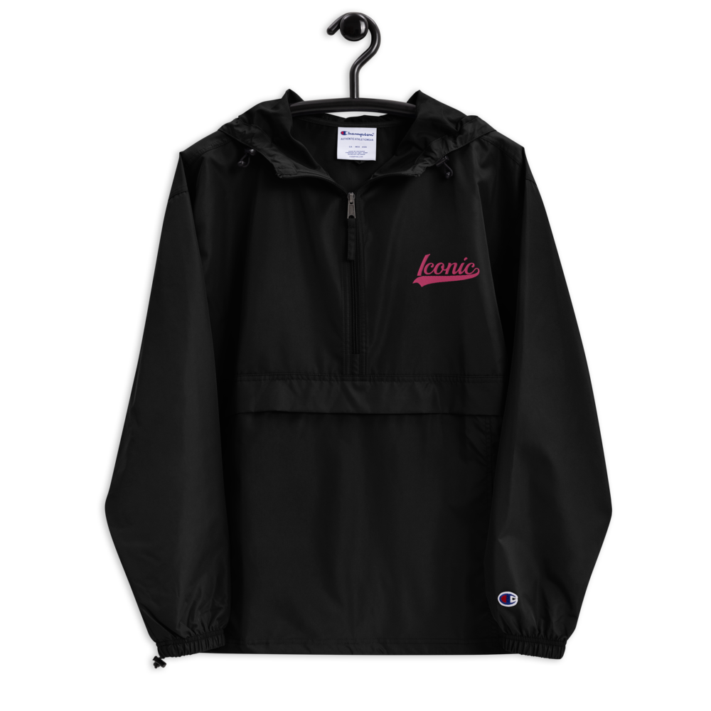 CHAMPION + ROYAL ICONIC. | Embroidered Logo Unisex Hooded Packable Windbreaker Lite Coaches Jacket Black w/ Pretty in Pink Baseball Logo