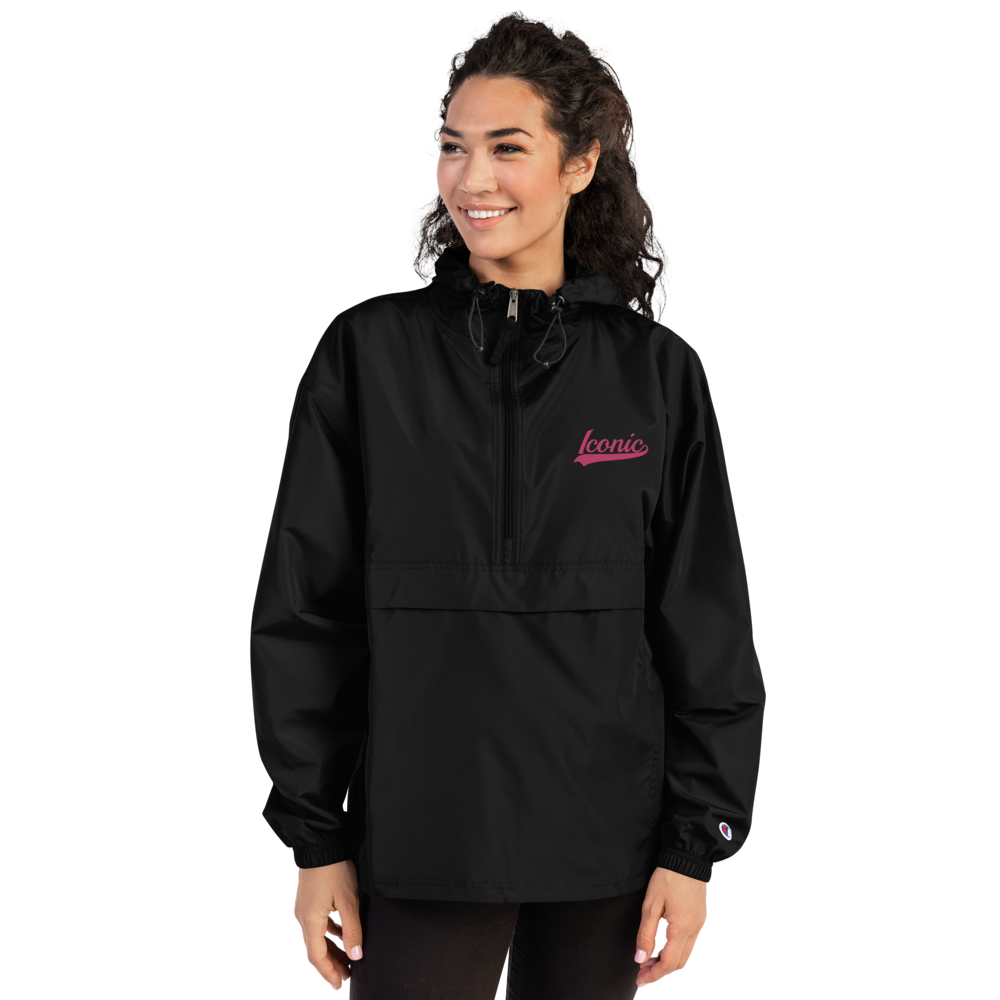 CHAMPION + ROYAL ICONIC. | Embroidered Logo Unisex Hooded Packable Windbreaker Lite Coaches Jacket Black w/ Pretty in Pink Baseball Logo