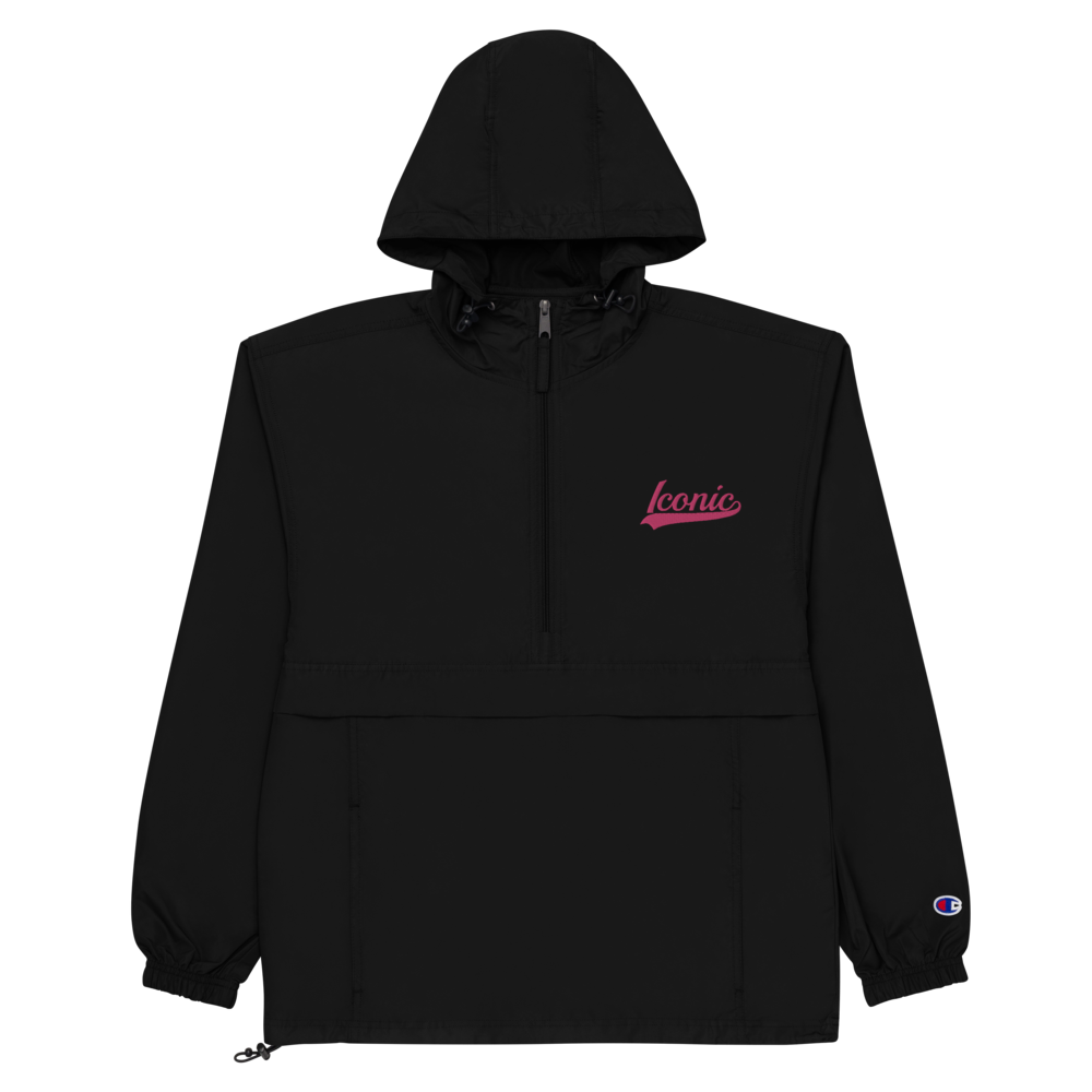 CHAMPION + ROYAL ICONIC. | Embroidered Logo Unisex Hooded Packable Windbreaker Lite Coaches Jacket Black w/ Pretty in Pink Baseball Logo